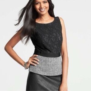 Ann Taylor Black Lace and Tweed Peplum Top - Mixed Media Blouse - Sz 14